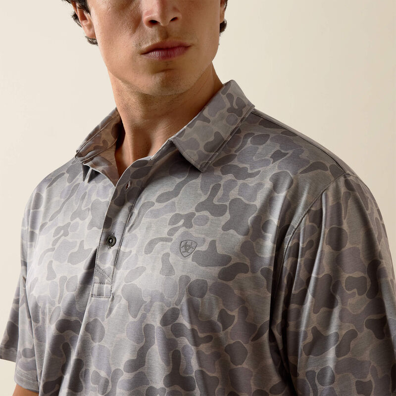 Ariat Men's All Over Print Heathered Fitted Polo, Sky Rocket Camo 10073436