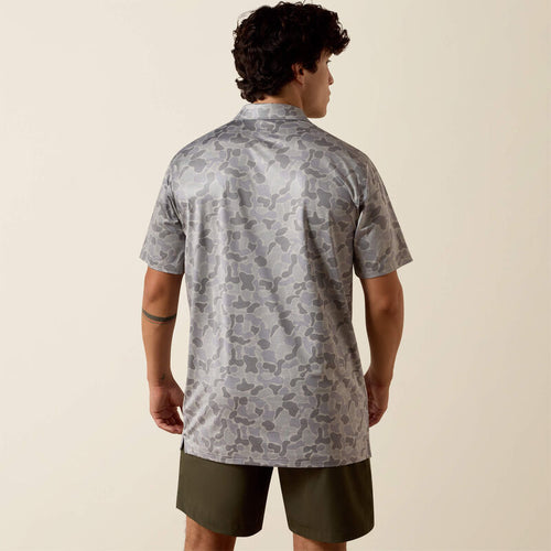 Ariat Men's All Over Print Heathered Fitted Polo, Sky Rocket Camo 10073436