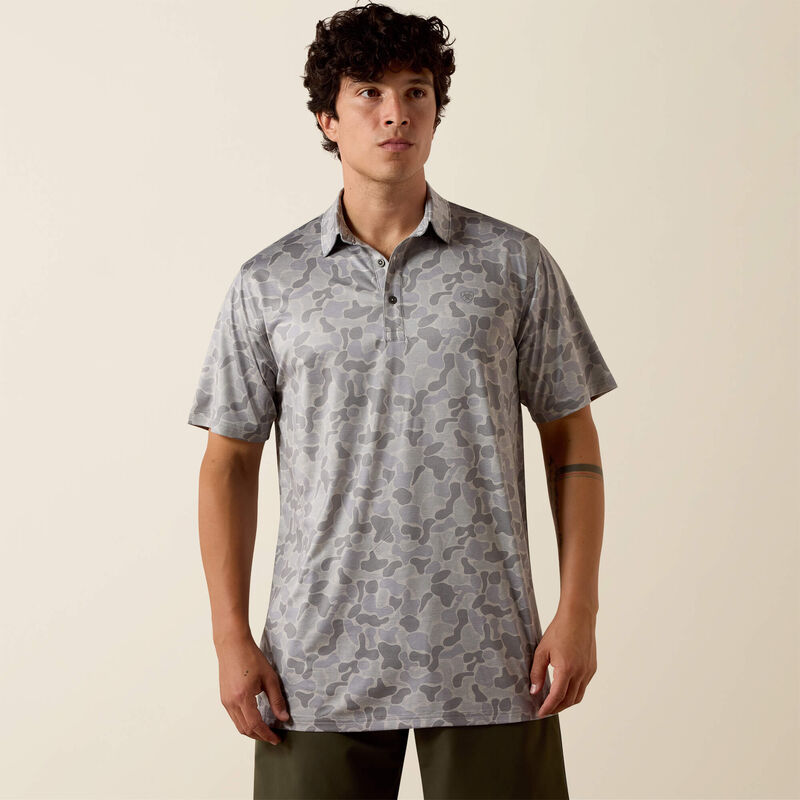 Ariat Men's All Over Print Heathered Fitted Polo, Sky Rocket Camo 10073436