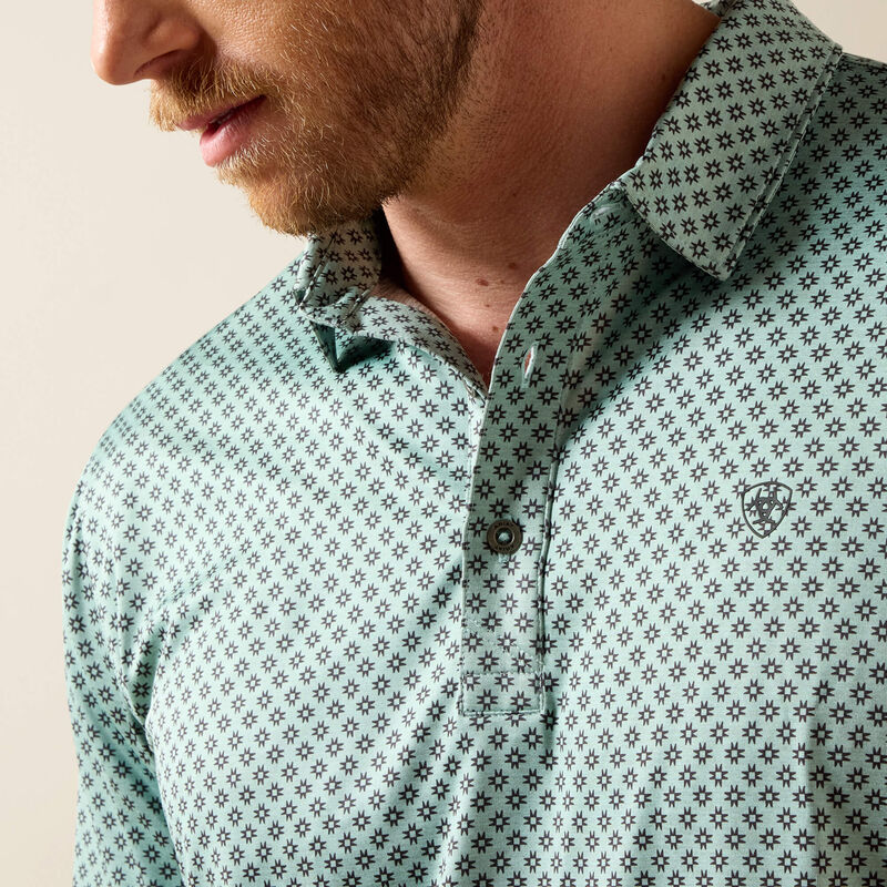 Ariat Men's All Over Print Heathered Fitted Polo, Beach Glass 10073585
