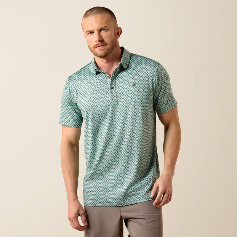 Ariat Men's All Over Print Heathered Fitted Polo, Beach Glass 10073585