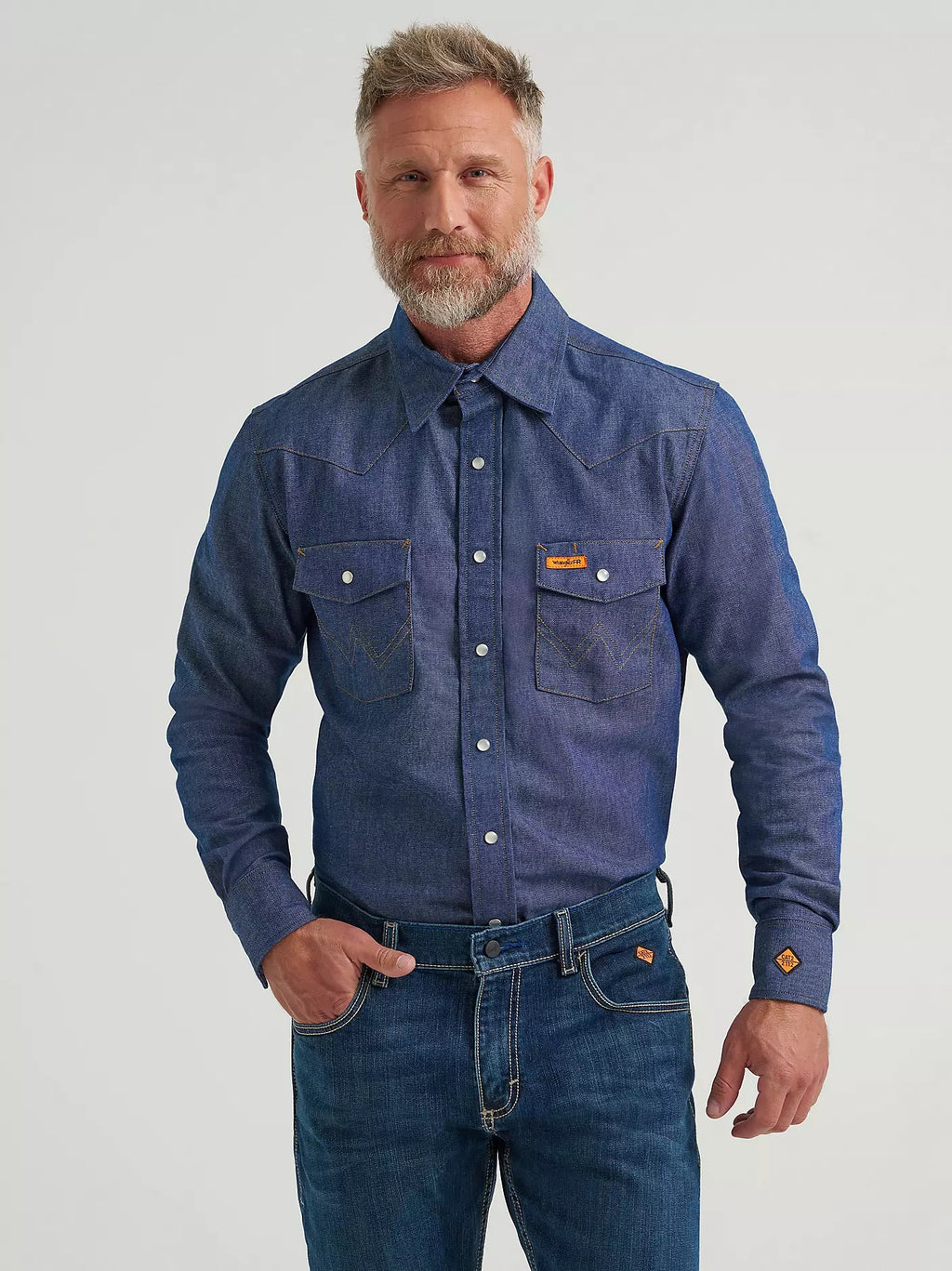 Wrangler Men's Flame Resistant Western Long Sleeve Snap Shirt, Denim 10FR12127