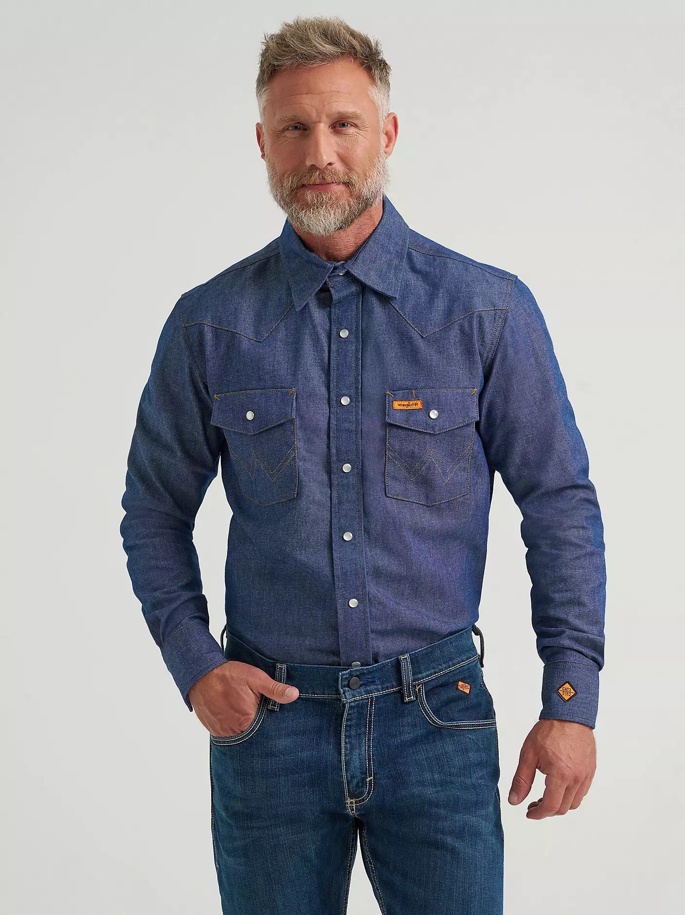 Wrangler Men's Flame Resistant Western Long Sleeve Snap Shirt, Denim 10FR12127