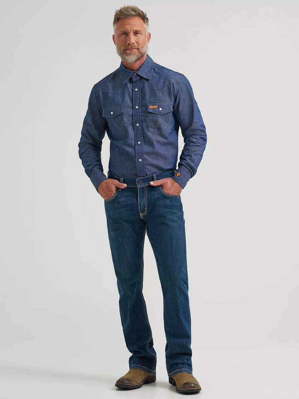 Wrangler Men's Flame Resistant Western Long Sleeve Snap Shirt, Denim 10FR12127