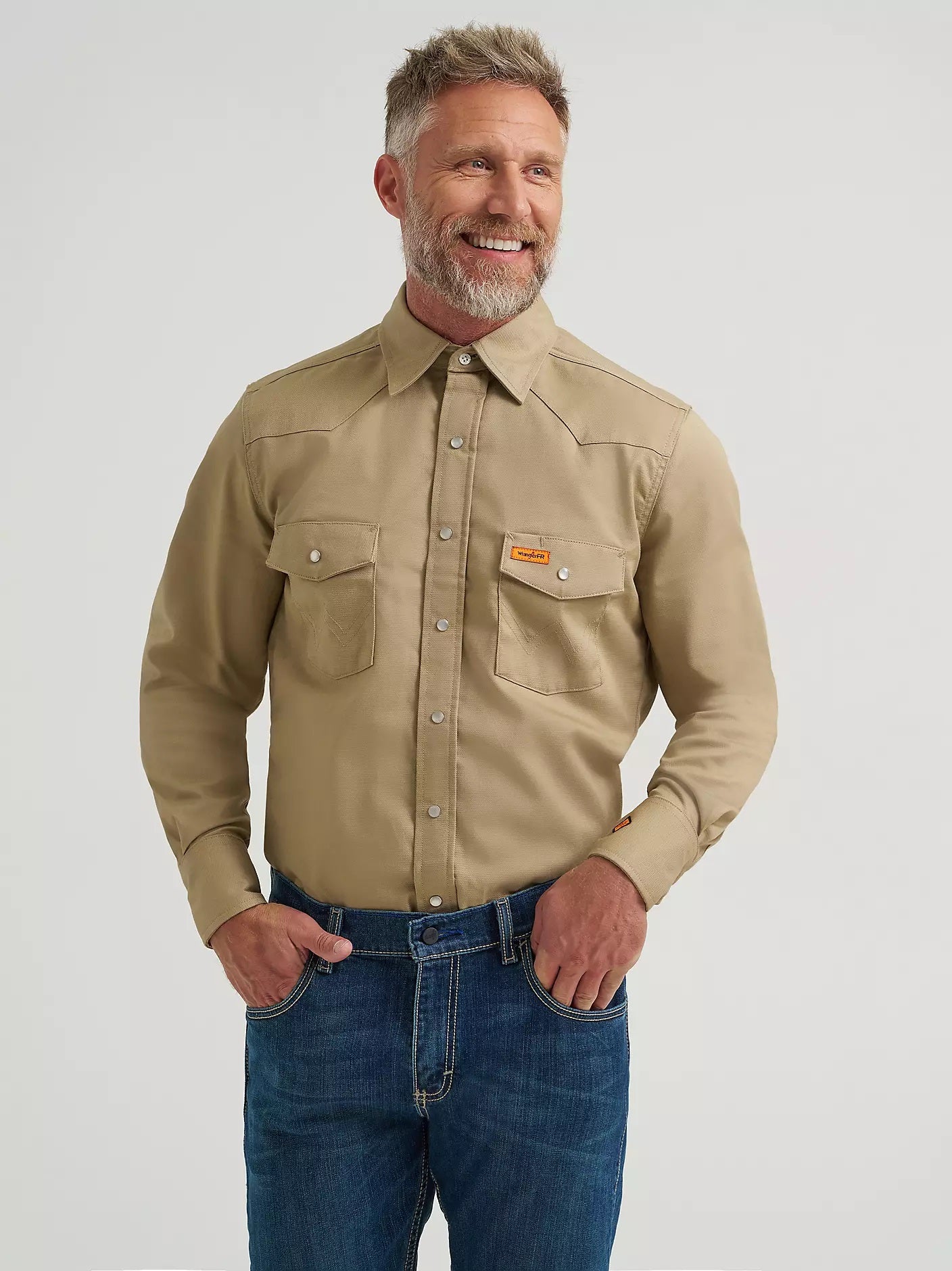 Wrangler Men's Flame Resistant Western Long Sleeve Snap Shirt, Khaki 10FR12140