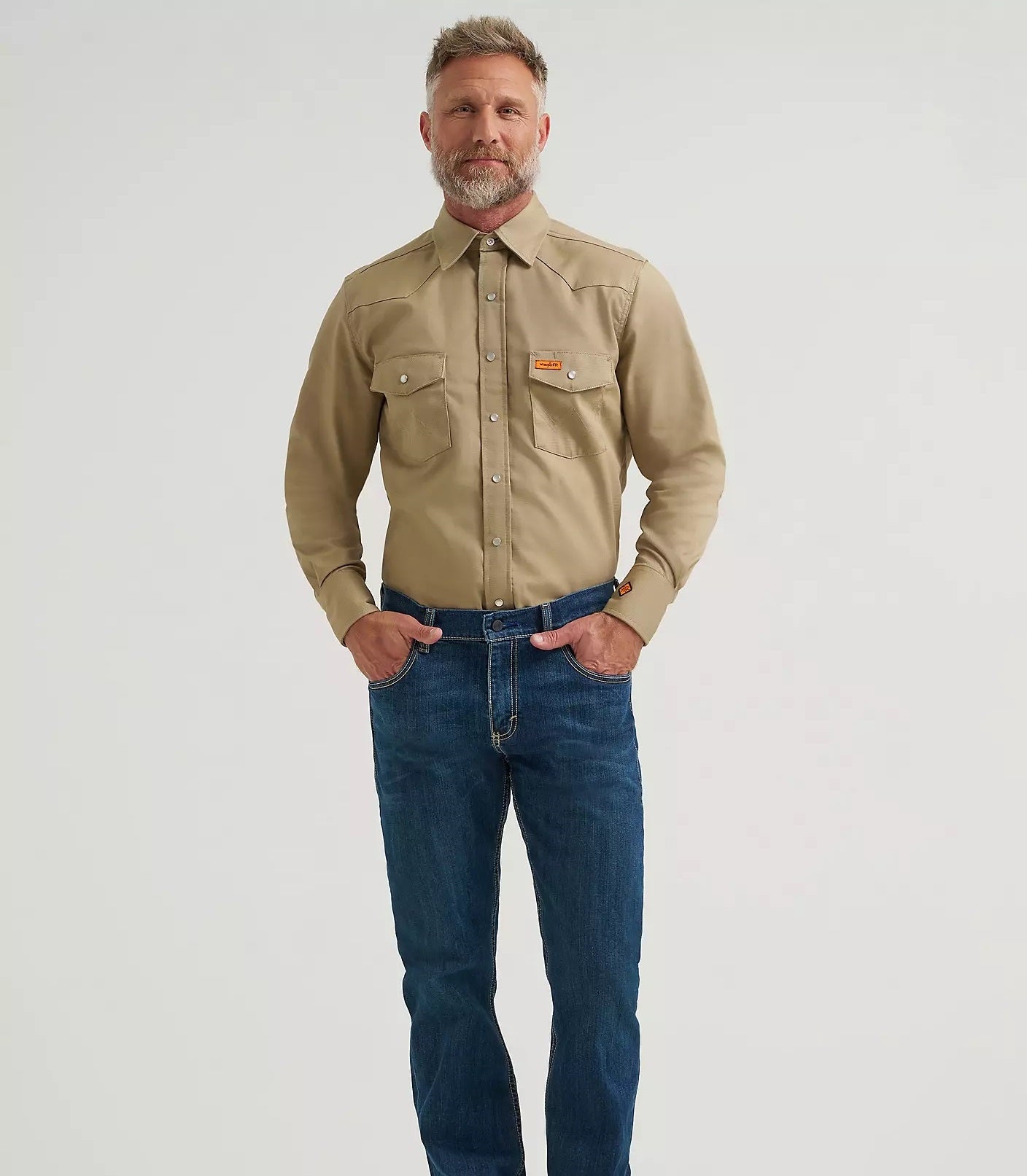 Wrangler Men's Flame Resistant Western Long Sleeve Snap Shirt, Khaki 10FR12140