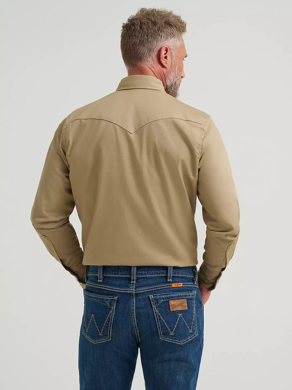 Wrangler Men's Flame Resistant Western Long Sleeve Snap Shirt, Khaki 10FR12140