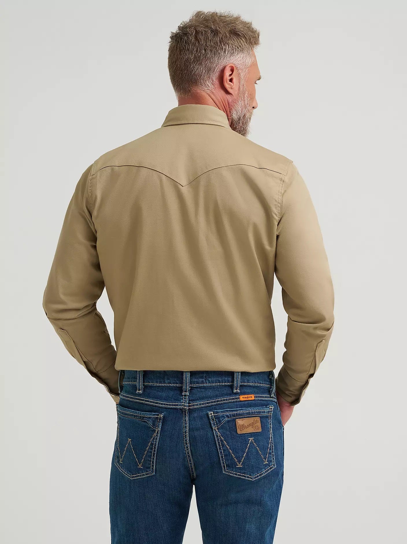 Wrangler Men's Flame Resistant Western Long Sleeve Snap Shirt, Khaki 10FR12140