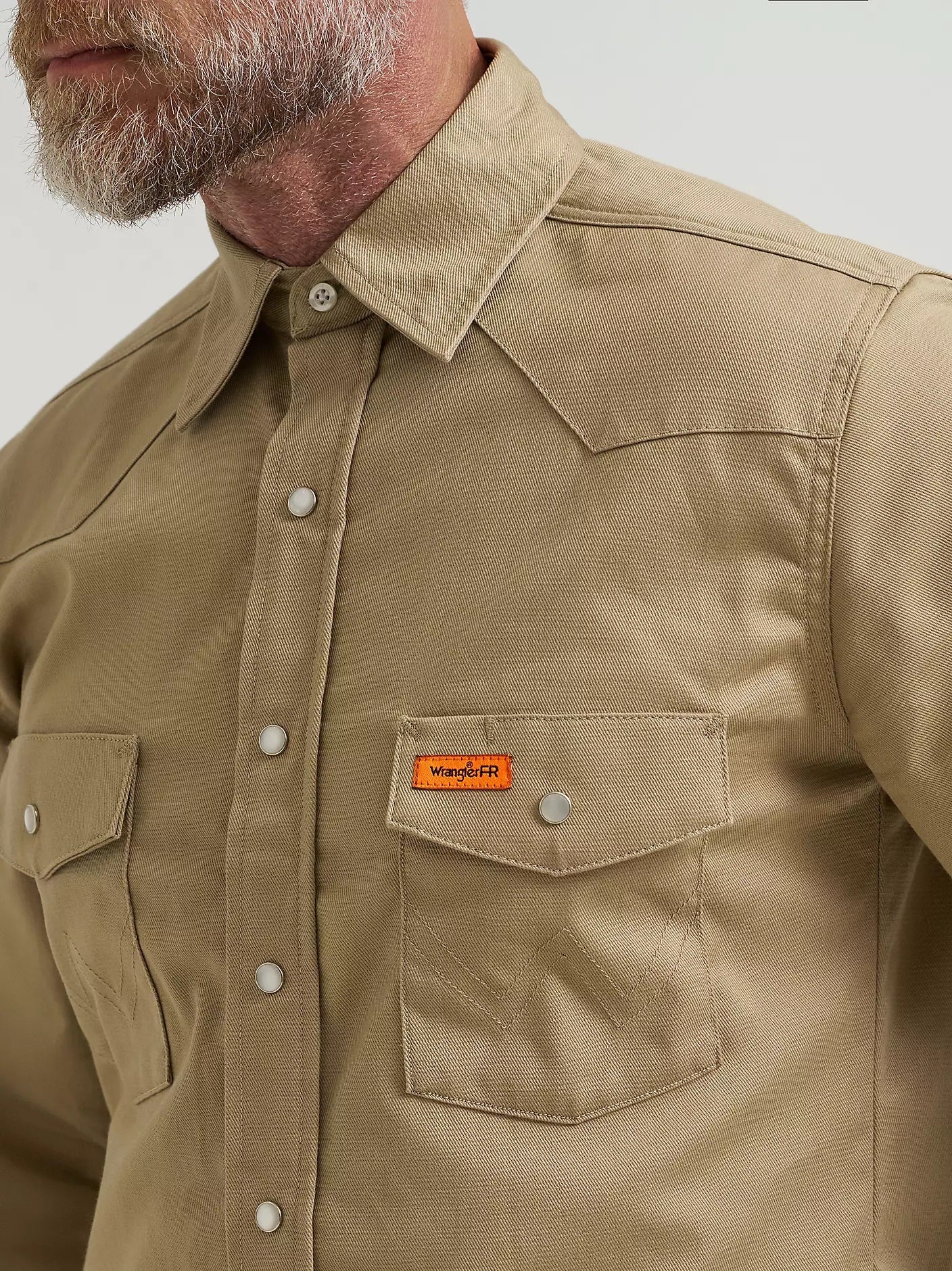 Wrangler Men's Flame Resistant Western Long Sleeve Snap Shirt, Khaki 10FR12140