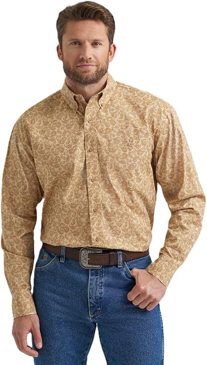 Wrangler Men's George Strait Honey Oak Paisley Long Sleeve Button Down Shirt, 2369585