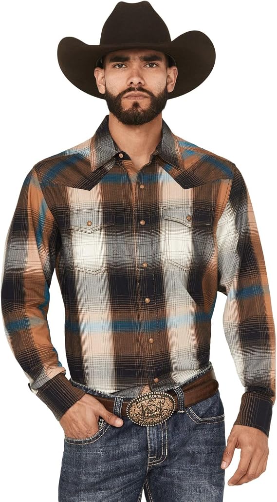 Wrangler Men's Retro Premium Modern Fit Brown & Blue Plaid Shirt, 2369842