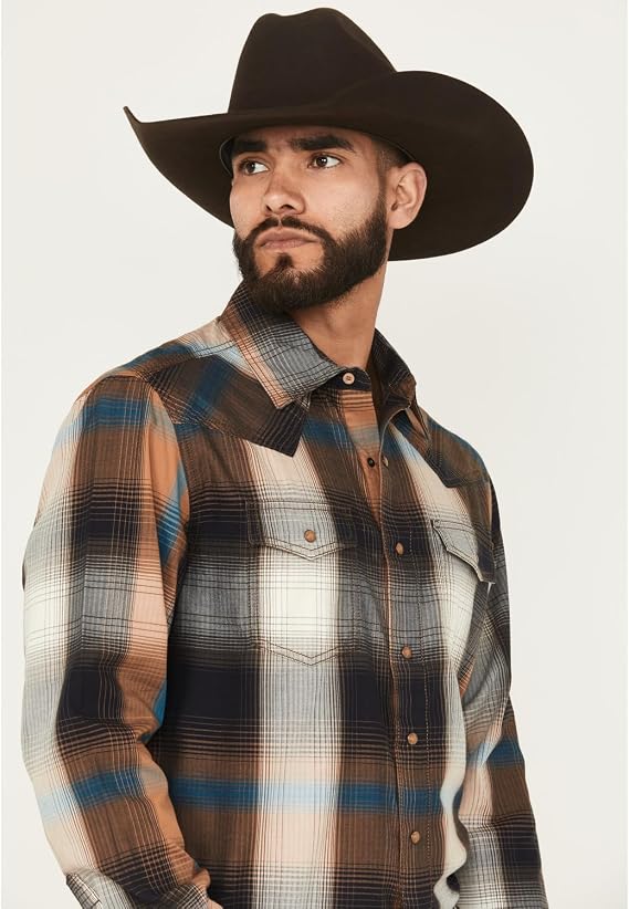 Wrangler Men's Retro Premium Modern Fit Brown & Blue Plaid Shirt, 2369842