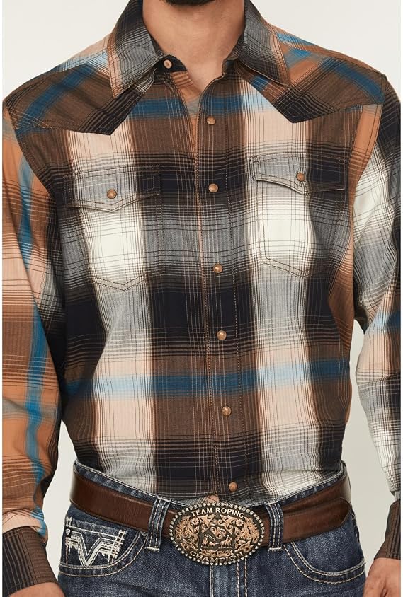 Wrangler Men's Retro Premium Modern Fit Brown & Blue Plaid Shirt, 2369842