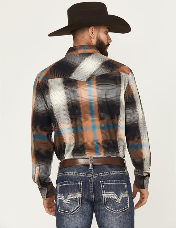 Wrangler Men's Retro Premium Modern Fit Brown & Blue Plaid Shirt, 2369842