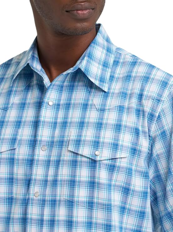 Wrangler Men's Wrinkle Resist Short Sleeve Blue Plaid Snap Shirt, 2374834