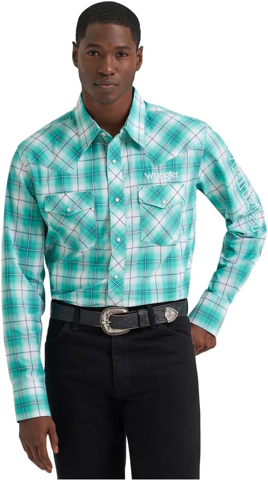 Wrangler Men's Long Sleeve Logo Snap Shirt - Turquoise, 2374857