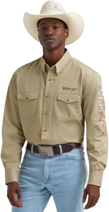 Wrangler Men's Logo Long Sleeve Button Down Solid Khaki Shirt, 2374859