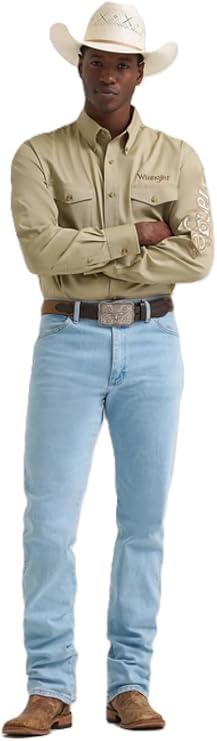 Wrangler Men's Logo Long Sleeve Button Down Solid Khaki Shirt, 2374859