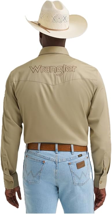 Wrangler Men's Logo Long Sleeve Button Down Solid Khaki Shirt, 2374859