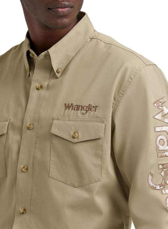 Wrangler Men's Logo Long Sleeve Button Down Solid Khaki Shirt, 2374859