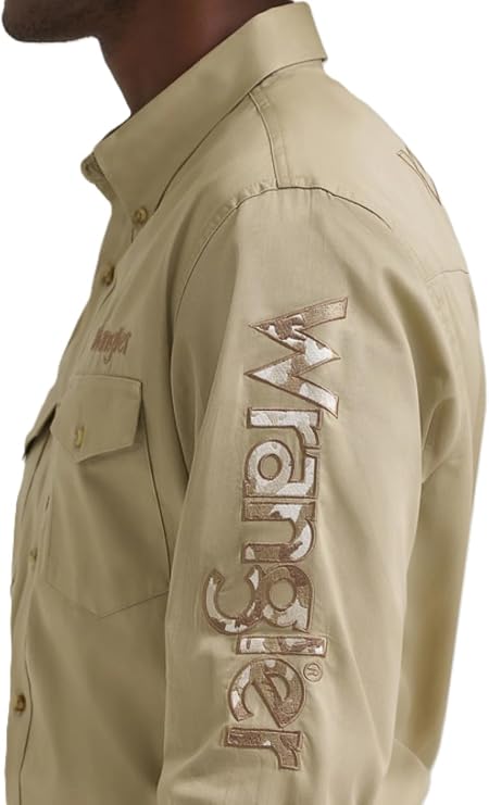 Wrangler Men's Logo Long Sleeve Button Down Solid Khaki Shirt, 2374859