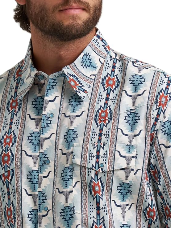 Wrangler Men's Checotah Long Sleeve Western Snap Printed Shirt Gray Steerhead, 2374908