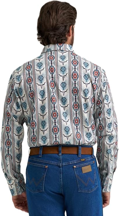 Wrangler Men's Checotah Long Sleeve Western Snap Printed Shirt Gray Steerhead, 2374908
