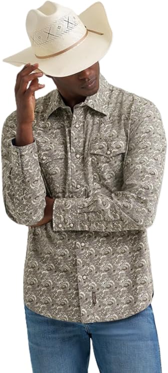 Wrangler Men's Taupe Feather Retro Premium Western Snap Shirt, 2374952