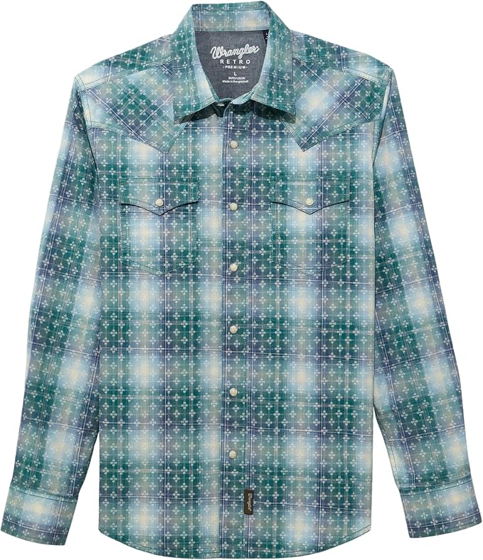 Wrangler Men's Pebbled Blue Retro Premium Men's Long Sleeve Collared Western Snap Plaid Shirt, 2374978