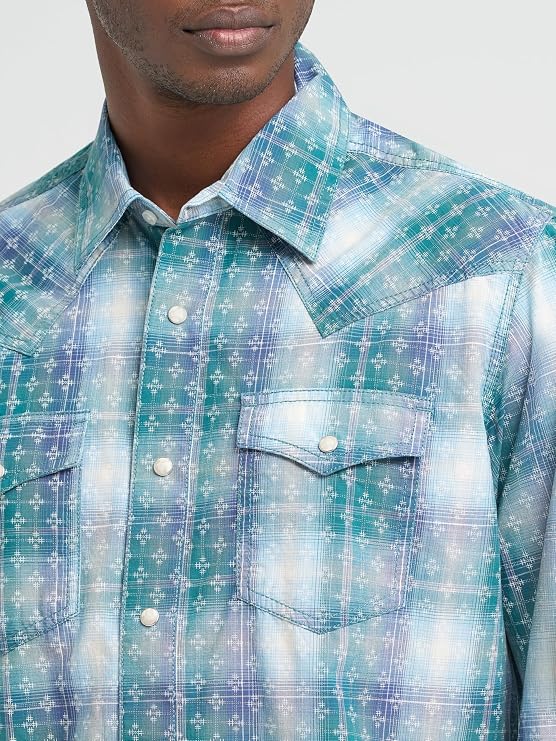 Wrangler Men's Pebbled Blue Retro Premium Men's Long Sleeve Collared Western Snap Plaid Shirt, 2374978