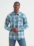 Wrangler Men's Pebbled Blue Retro Premium Men's Long Sleeve Collared Western Snap Plaid Shirt, 2374978