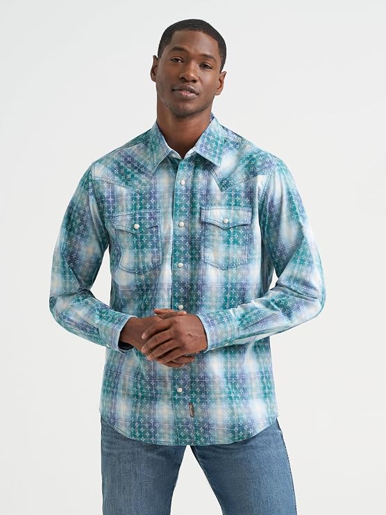 Wrangler Men's Pebbled Blue Retro Premium Men's Long Sleeve Collared Western Snap Plaid Shirt, 2374978