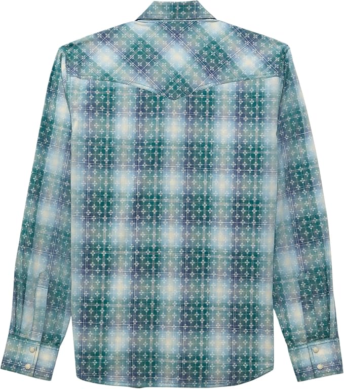 Wrangler Men's Pebbled Blue Retro Premium Men's Long Sleeve Collared Western Snap Plaid Shirt, 2374978