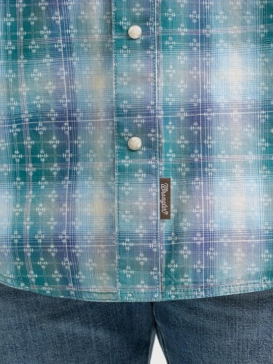 Wrangler Men's Pebbled Blue Retro Premium Men's Long Sleeve Collared Western Snap Plaid Shirt, 2374978