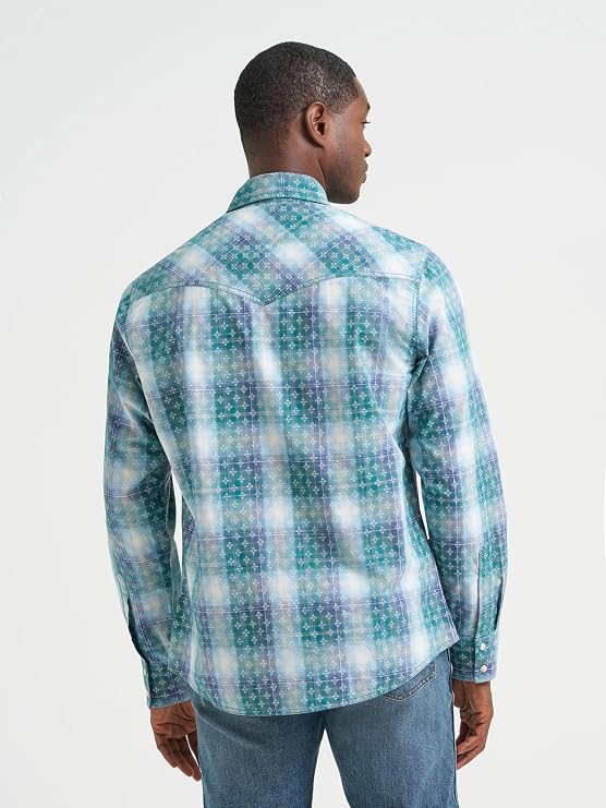 Wrangler Men's Pebbled Blue Retro Premium Men's Long Sleeve Collared Western Snap Plaid Shirt, 2374978
