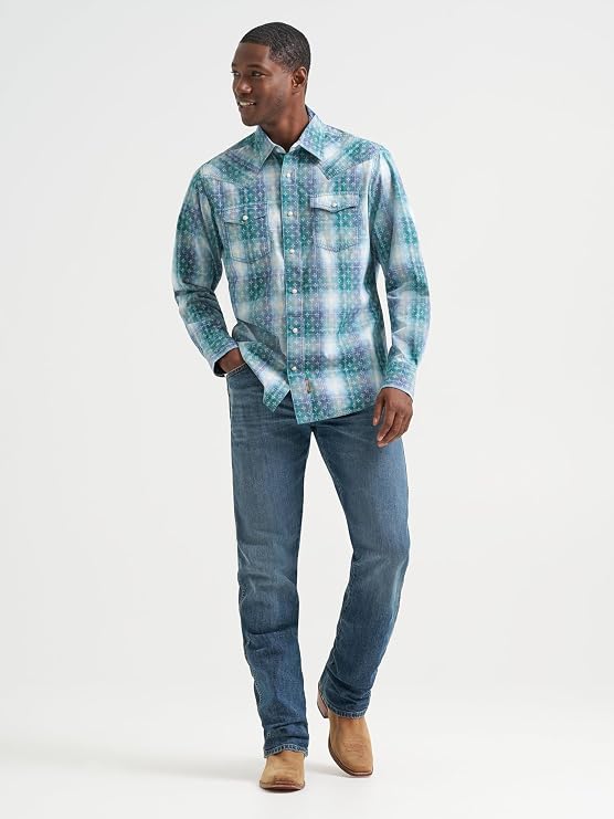 Wrangler Men's Pebbled Blue Retro Premium Men's Long Sleeve Collared Western Snap Plaid Shirt, 2374978