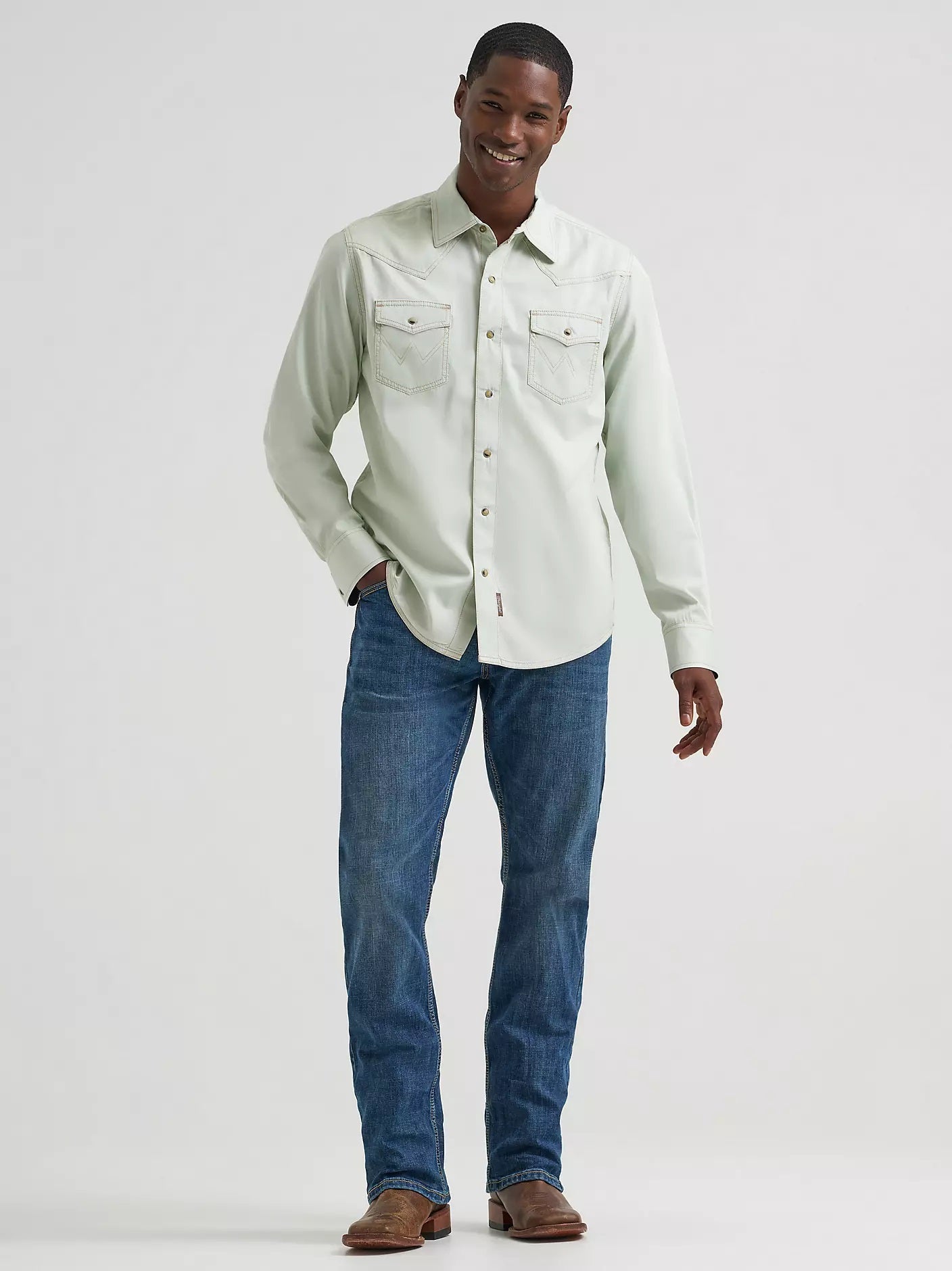 Wrangler Men's Mint Green Retro® Premium Western Snap Solid Shirt, 2378802