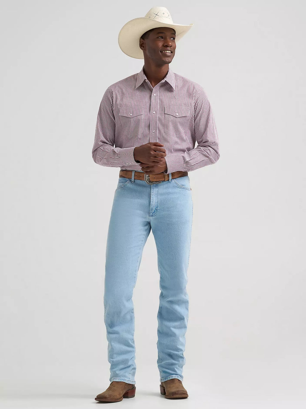 Wrangler® Men's Wrinkle Resist Long Sleeve Western Snap Stripe Shirt, Wine 2379033