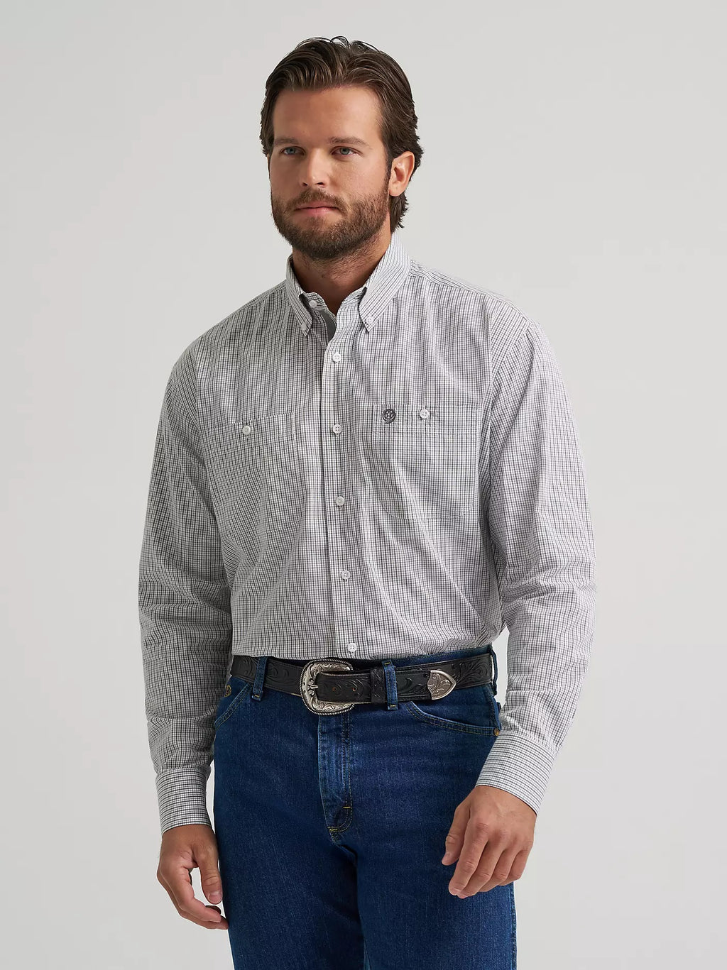Wrangler® George Strait™ Long Sleeve Button Down Two Pocket Shirt, Charcoal Madras 2379055