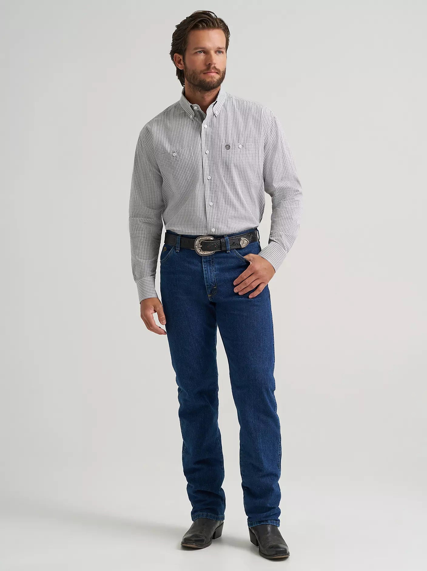 Wrangler® George Strait™ Long Sleeve Button Down Two Pocket Shirt, Charcoal Madras 2379055
