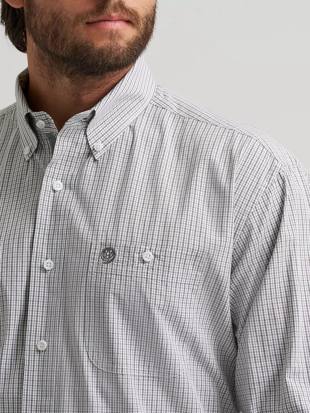 Wrangler® George Strait™ Long Sleeve Button Down Two Pocket Shirt, Charcoal Madras 2379055
