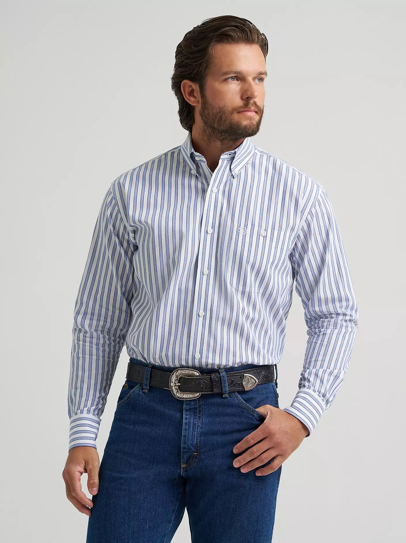 Wrangler® George Strait™ Long Sleeve Button Down One Pocket Shirt, Striped Blue 2379063