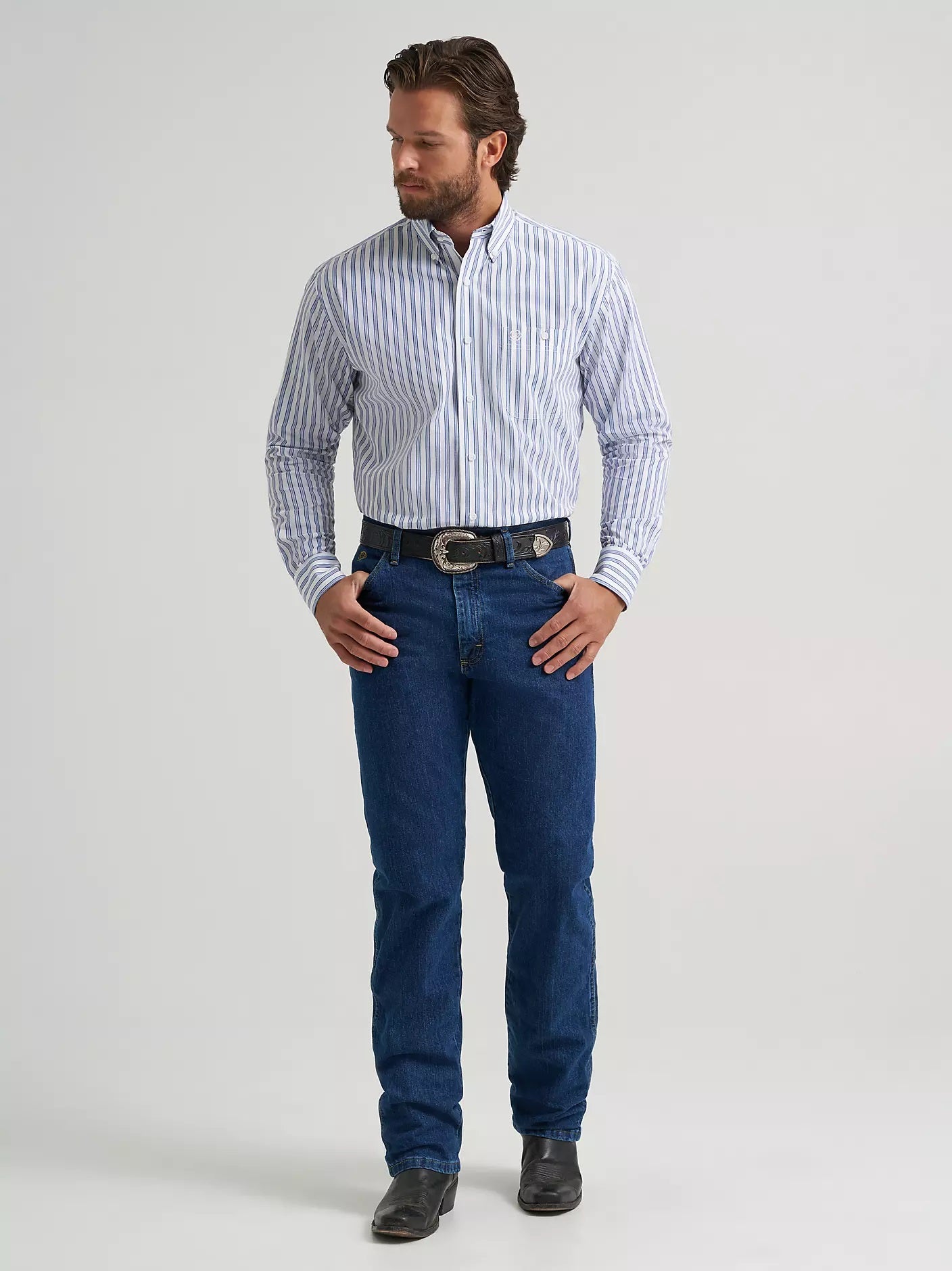 Wrangler® George Strait™ Long Sleeve Button Down One Pocket Shirt, Striped Blue 2379063
