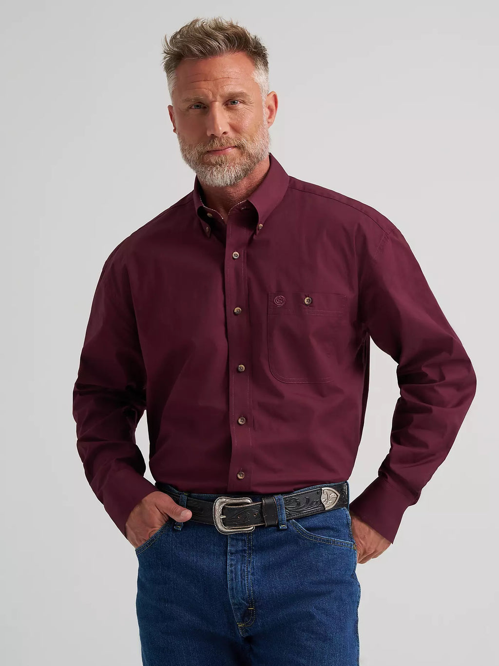 Wrangler® Men's George Strait™ Solid One Pocket Button Down Shirt, Burgundy 385371