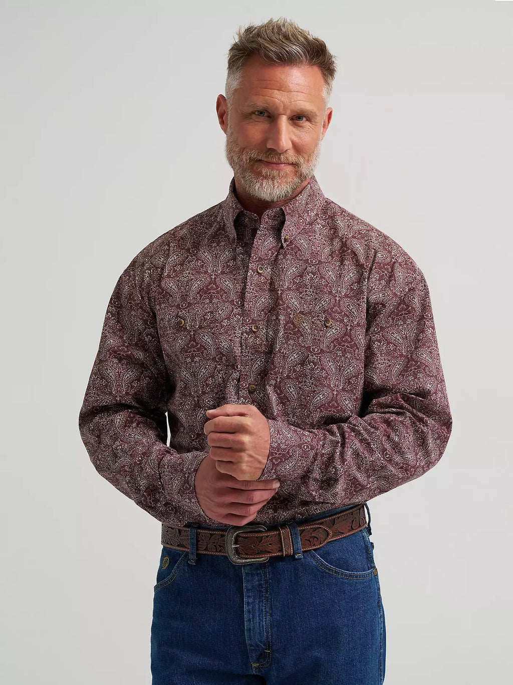 Wrangler® Men's George Strait™ Long Sleeve Button Down Two Pocket Shirt, Garnet Paisley 385373