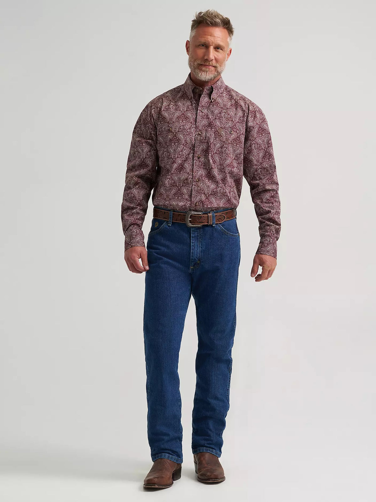 Wrangler® Men's George Strait™ Long Sleeve Button Down Two Pocket Shirt, Garnet Paisley 385373