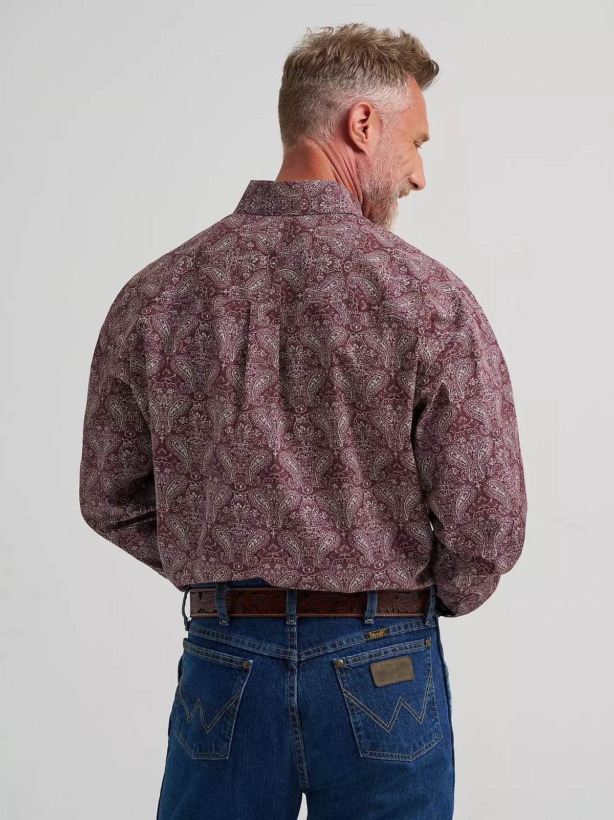 Wrangler® Men's George Strait™ Long Sleeve Button Down Two Pocket Shirt, Garnet Paisley 385373