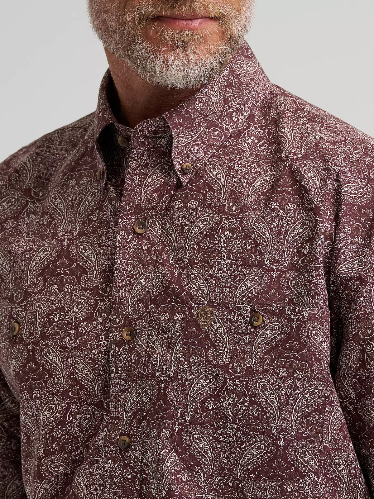 Wrangler® Men's George Strait™ Long Sleeve Button Down Two Pocket Shirt, Garnet Paisley 385373