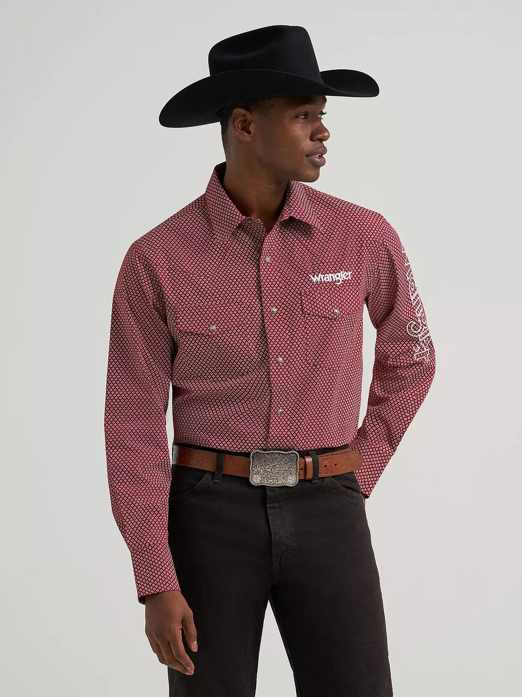 Wrangler® Men's Logo Long Sleeve Western Snap Shirt, Brick 385927