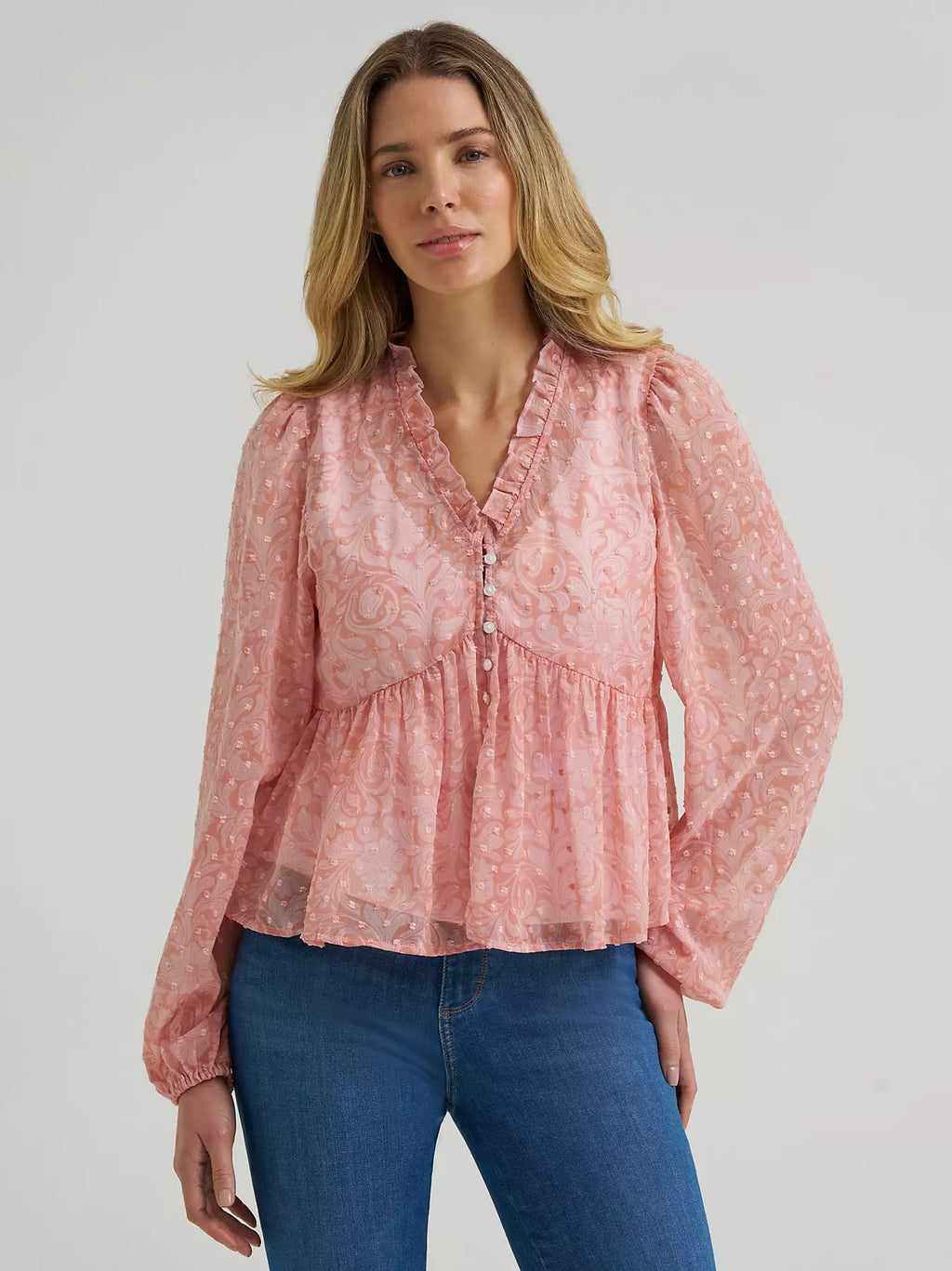 Wrangler Women's Wrangler Sheer Juliet Blouse, Pink 385996